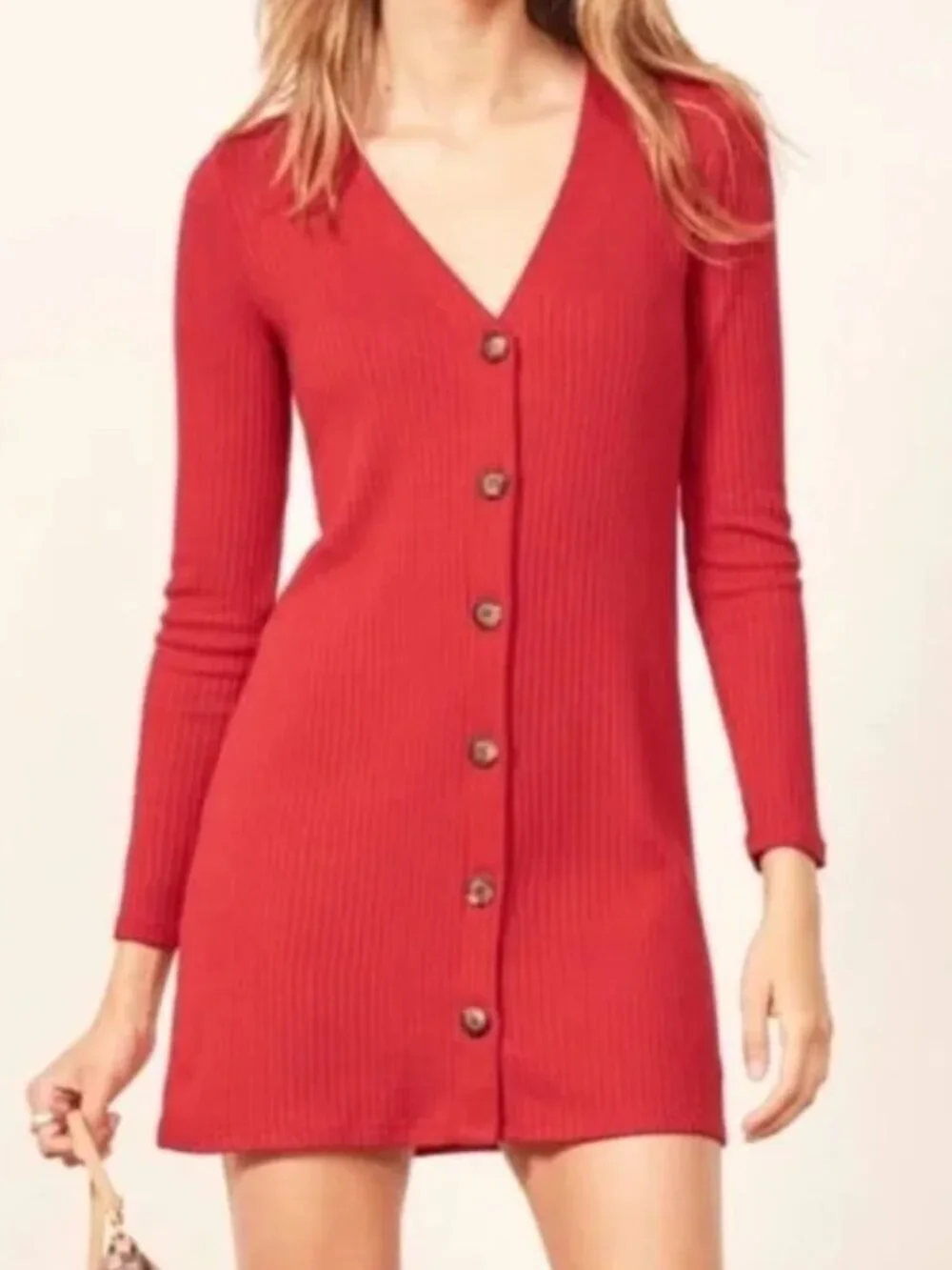 Reformation Agatha Bright Red Ribbed Long-Sleeve Mini Dress Size Small - Picture 1 of 8